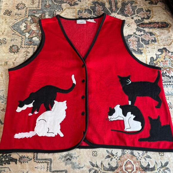 Vintage Cat Vest Red Black and White Kitty Cat 90s Mom Vest Size Large Granny - Picture 1 of 10